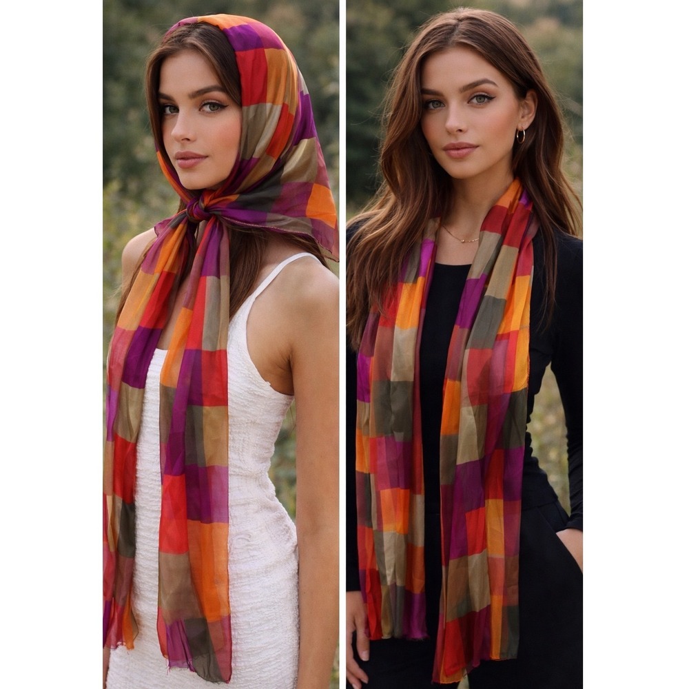 Vintage Multi Color‎ Patchwork Geometric Block Print Sheer Long Scarf 55 Inch